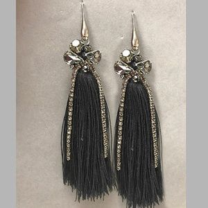 Dark Gray Tassel & Black Diamond Crystal Earrings-Boutuque
